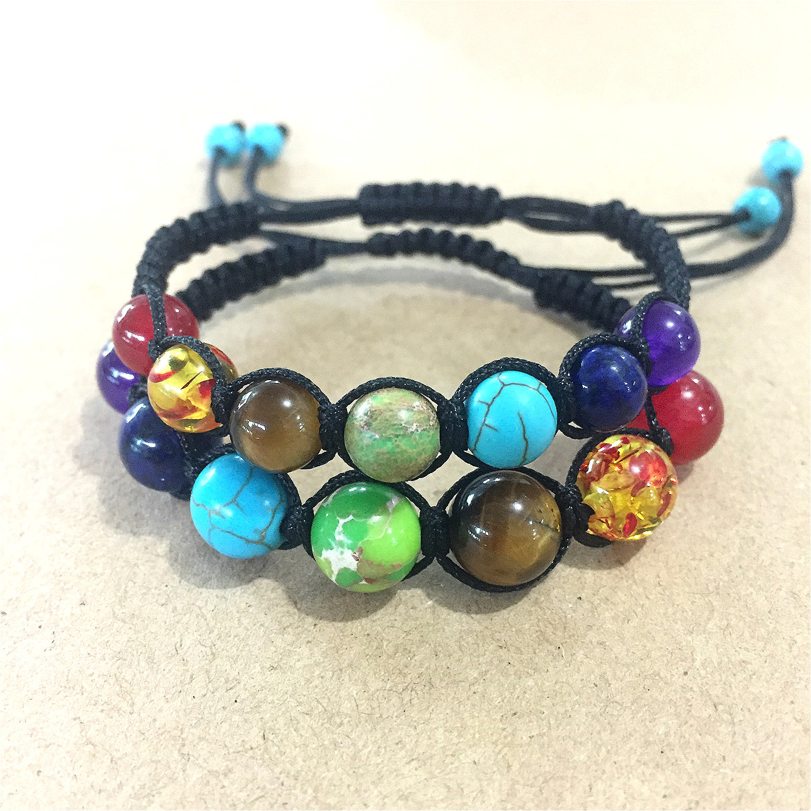 6 8 10mm七彩佛珠天然石头手链七脉轮编织瑜伽灵气能量石手链