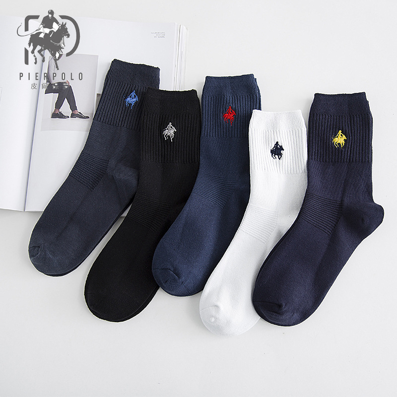 Pierpolo Double Needle Cotton Socks Men's Cotton Socks Embroidery Men's Socks Solid Color Socks Sweat-Absorbent Breathable Mid-Calf Socks Wholesale