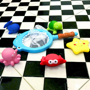 宝宝捞鱼戏水玩具鲨鱼捞鱼搪胶喷水动物儿童益智浴室洗澡捞网玩具
