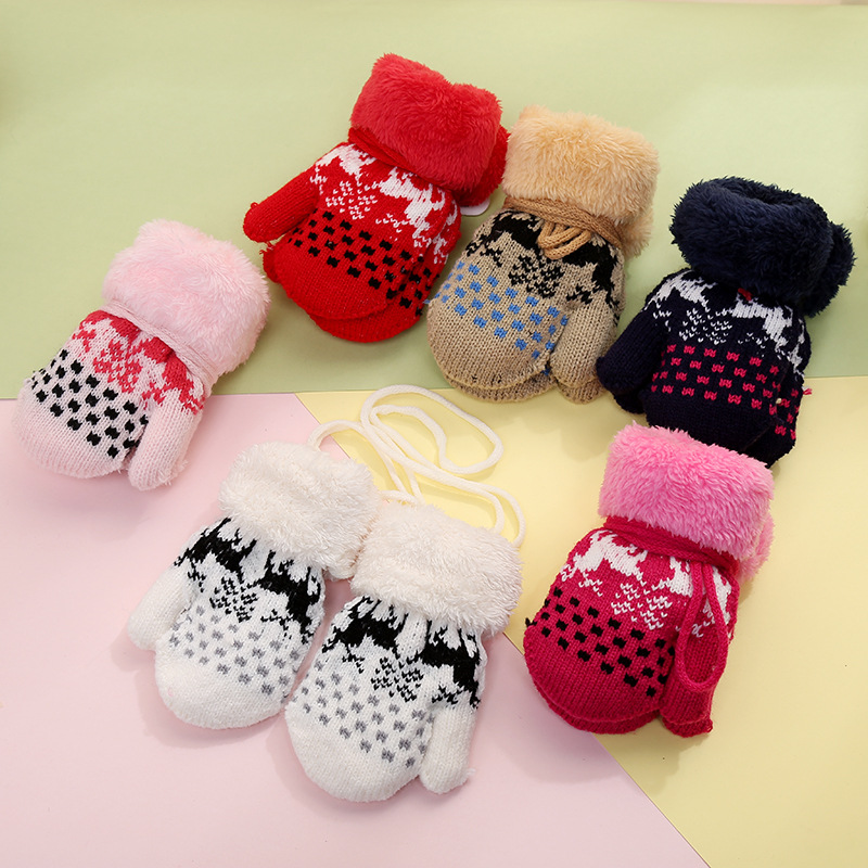 燕之馨 冬季儿童挂脖双层提花小鹿图案手套 宝宝手套保暖手套批发