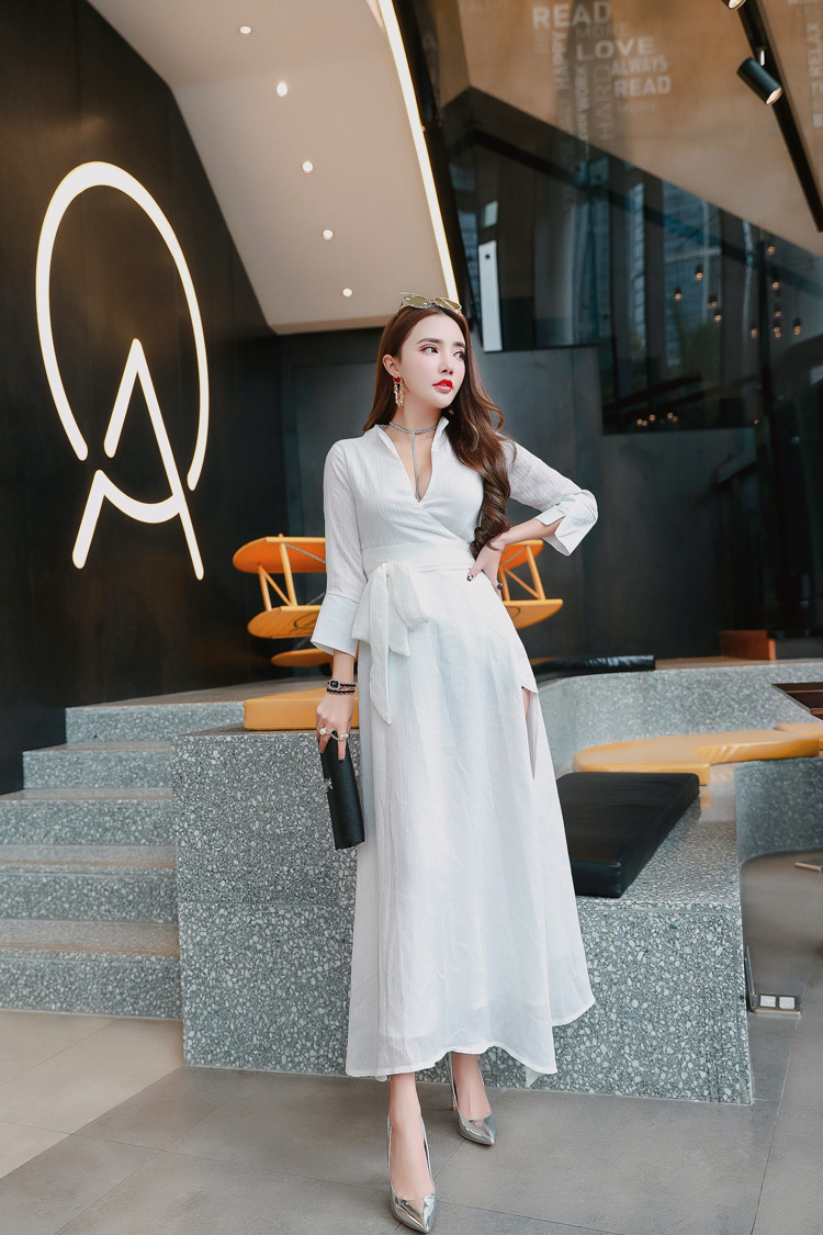 实拍2018新款长裙名媛气质深v领系带显瘦开叉女神连衣裙7090