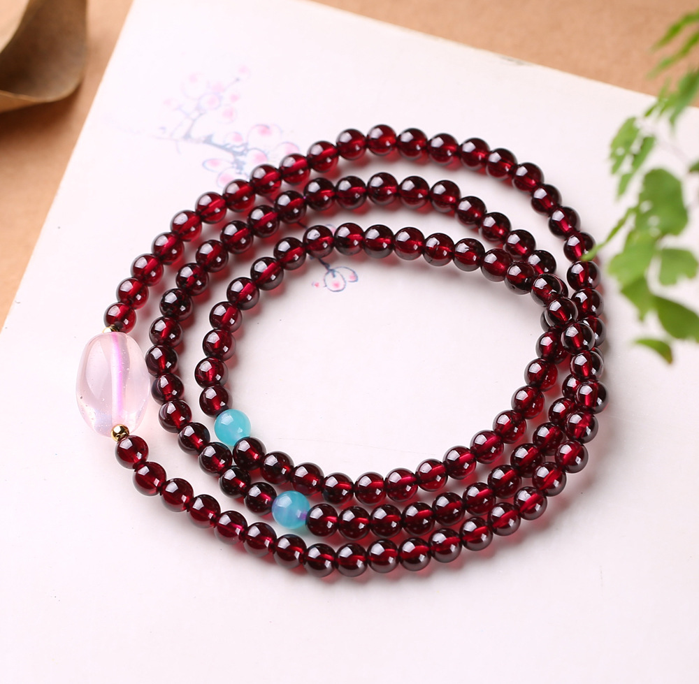 4a级天然莫桑比克酒红石榴石手链三圈多圈手串 女款水晶饰品