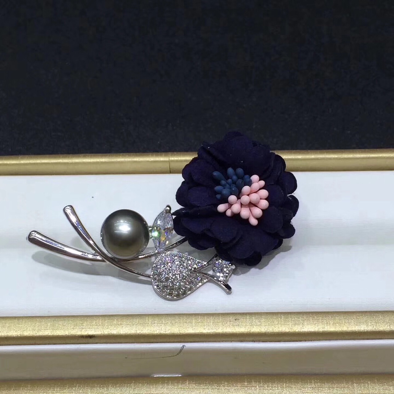 新款向日葵调布海水珍珠胸花黑珍珠2色可选