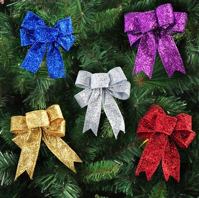 圣诞树装饰品 10cm葱粉圣诞蝴蝶结 圣诞节装饰圣诞织带蝴蝶结