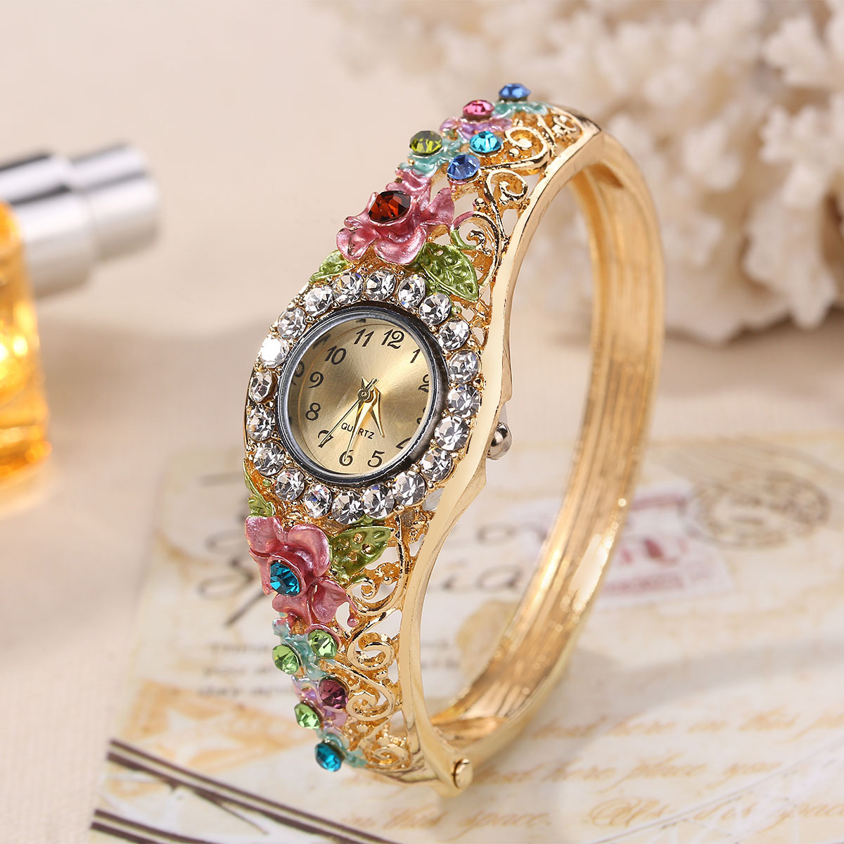 Wish Popular Products Vintage Cloisonne 3D Flower Blooming Rich Women's Wrist Watch Women's Fashion Bracelet Quartz Watch