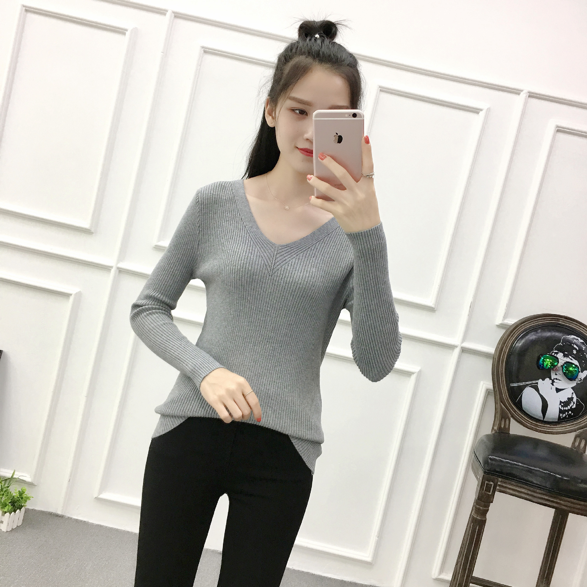 秋冬大码加厚毛衣女装新款v领紧身针织衫长袖修身弹力打底毛衣女