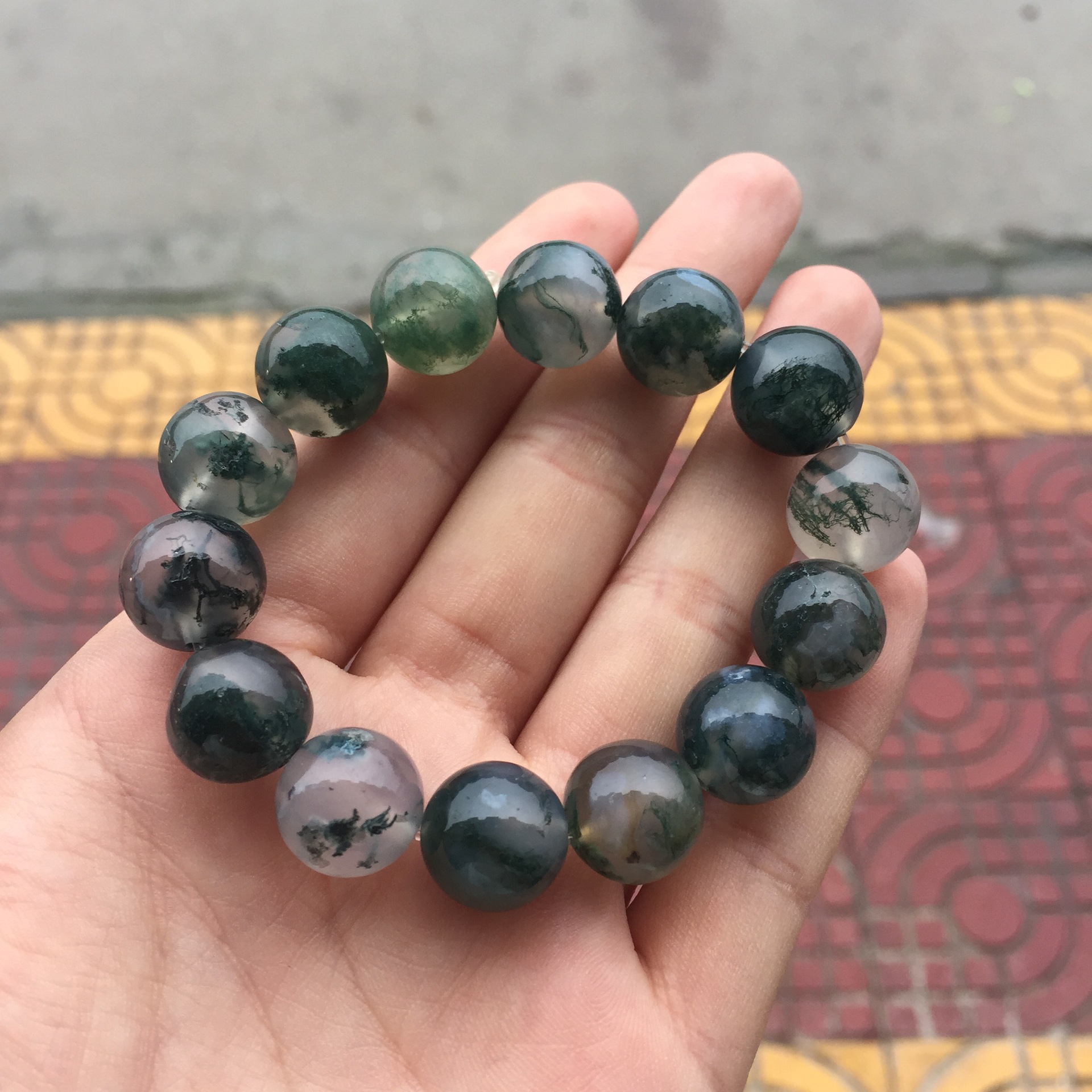 墨绿色水草玛瑙单圈男女款手链玉手串饰品