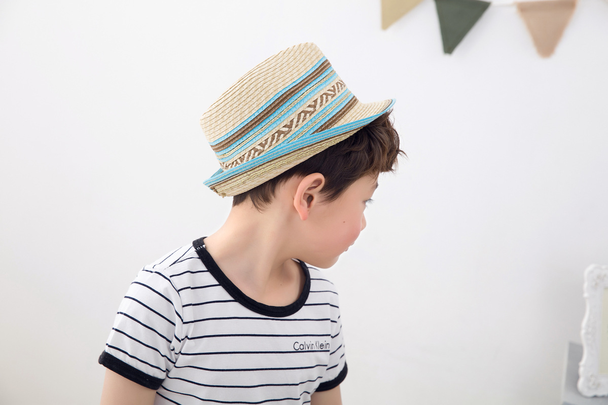 金线编蓝色几何夹花男童草帽童帽童夏帽儿童草帽 儿童春夏帽