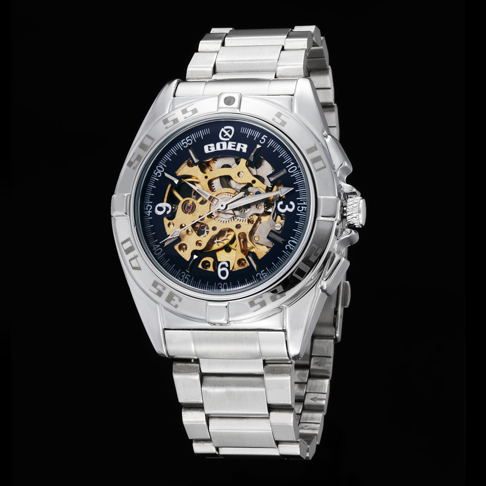 goer/高尔时尚镂空透底自动机械手表 防水男表钢带男士手腕表
