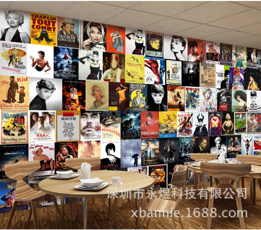 老电影海报好莱坞明星酒吧餐厅店面背景墙壁纸 复古怀旧无缝壁画