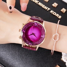 GUOU 耐用小众轻奢时尚帅气大表盘水钻表红色紫色皮表带女士手表