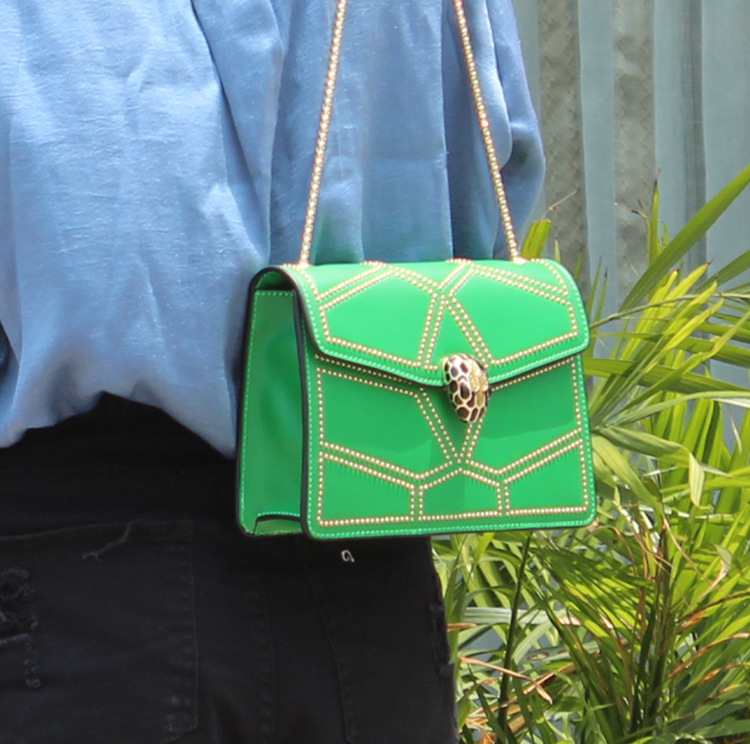 2018韩版秋冬铆钉链条单肩蛇头牛皮真皮休闲广州女包厂家一件代发