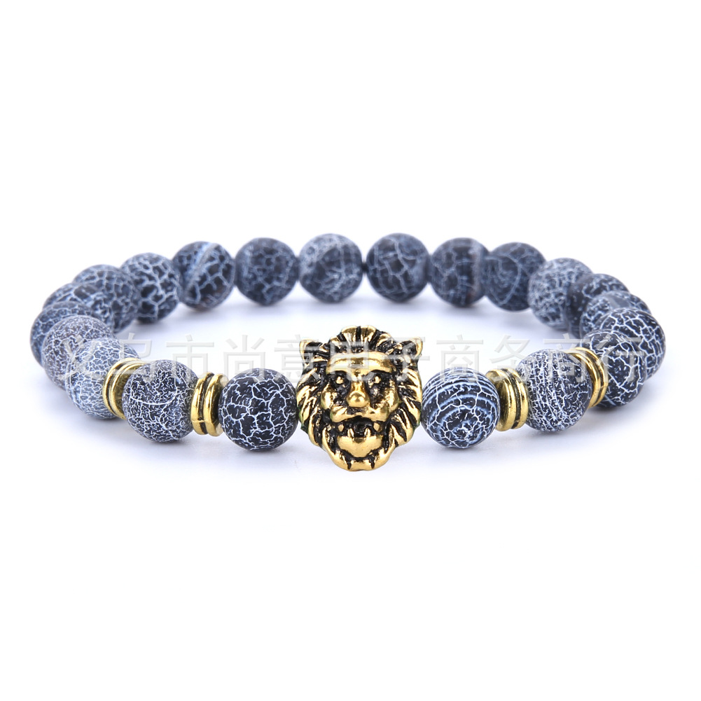 新爆款佛珠手串8mm火山石天然石头玛瑙珠饰品电镀狮子头手链