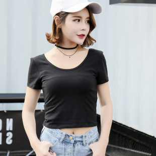 2018包邮纯色漏脐紧身女士短袖高腰短款t恤露脐装上衣女夏装