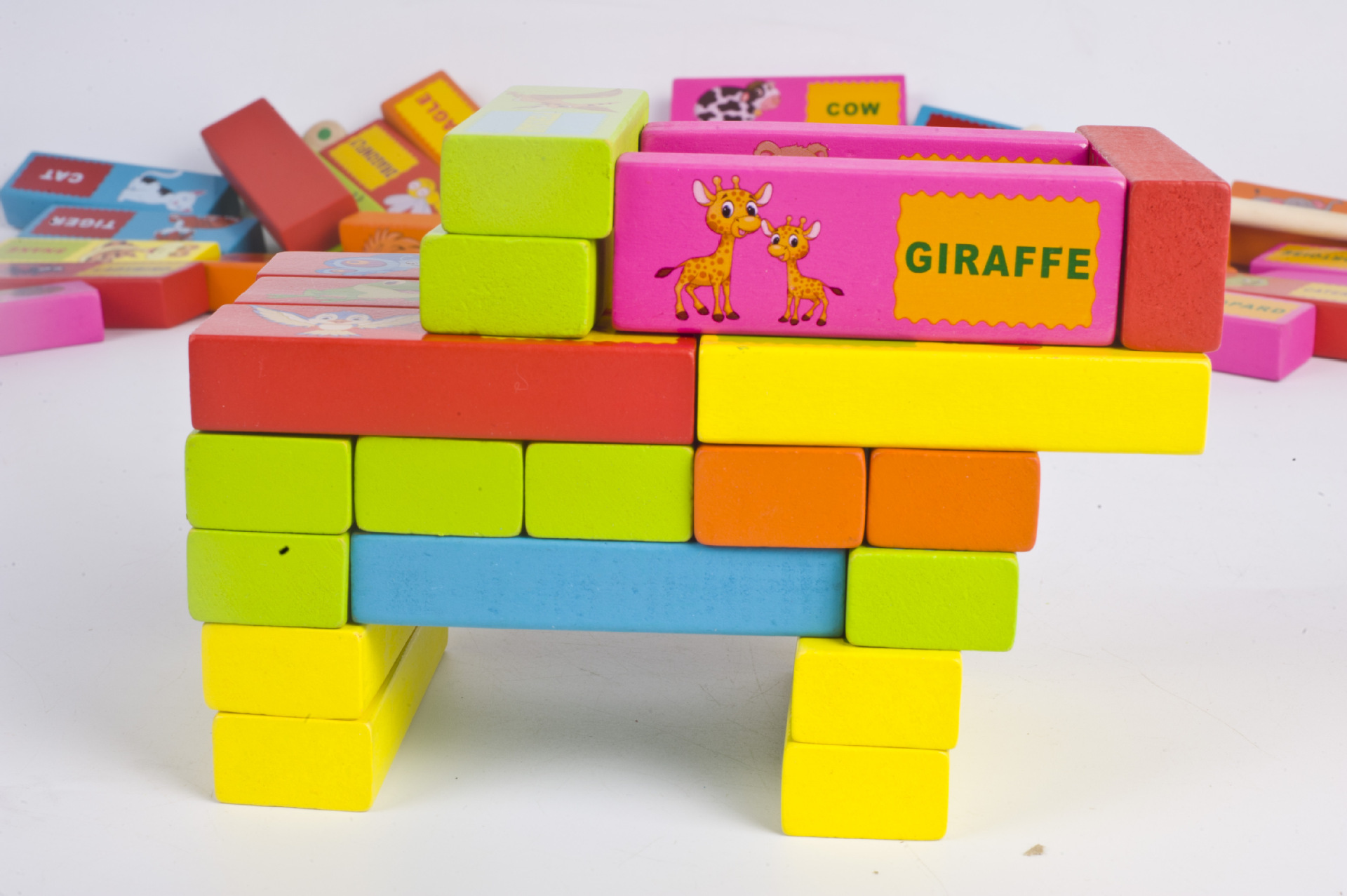 54片彩色层层叠 儿童木制动物英文认知叠叠高抽积木 成人桌面游戏