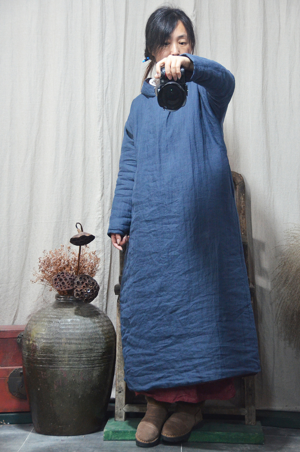 冬季秋冬加长款棉袍 复古加厚连帽保暖 原创棉麻女装棉袄棉服棉衣