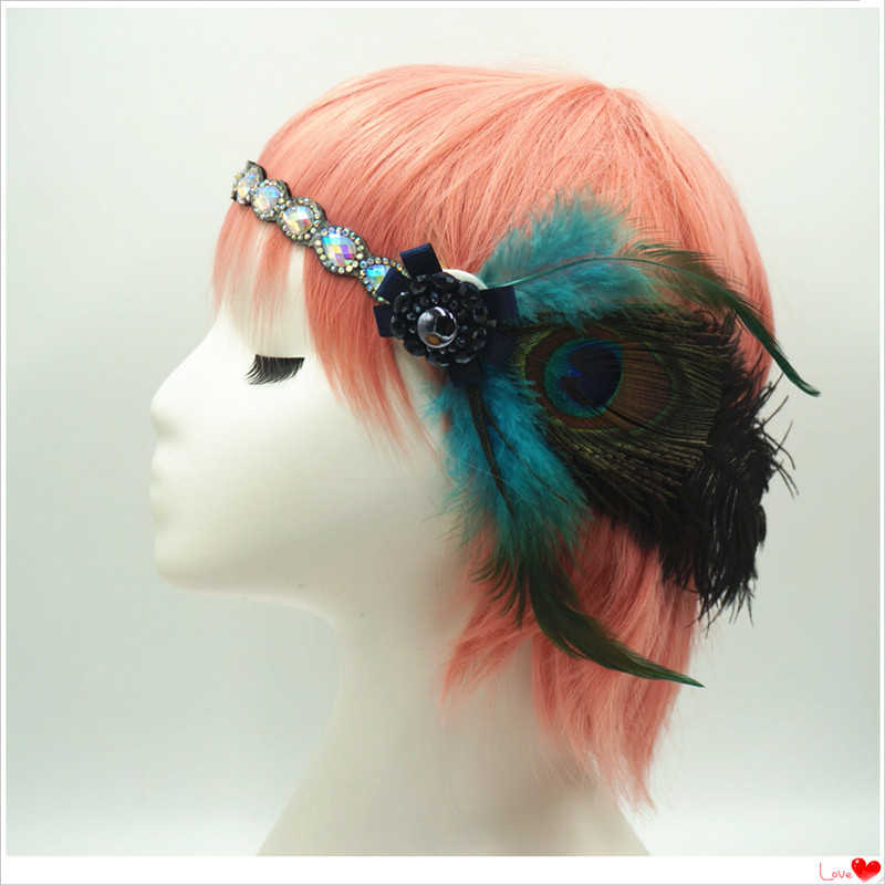 七彩亚克力钻水钻发箍孔雀羽毛发带欧美流行瑜伽羽毛发饰头带