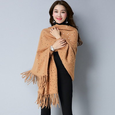 时尚披肩2017秋冬百搭女装 休闲蝙蝠型波点亮片流苏针织开衫外搭
