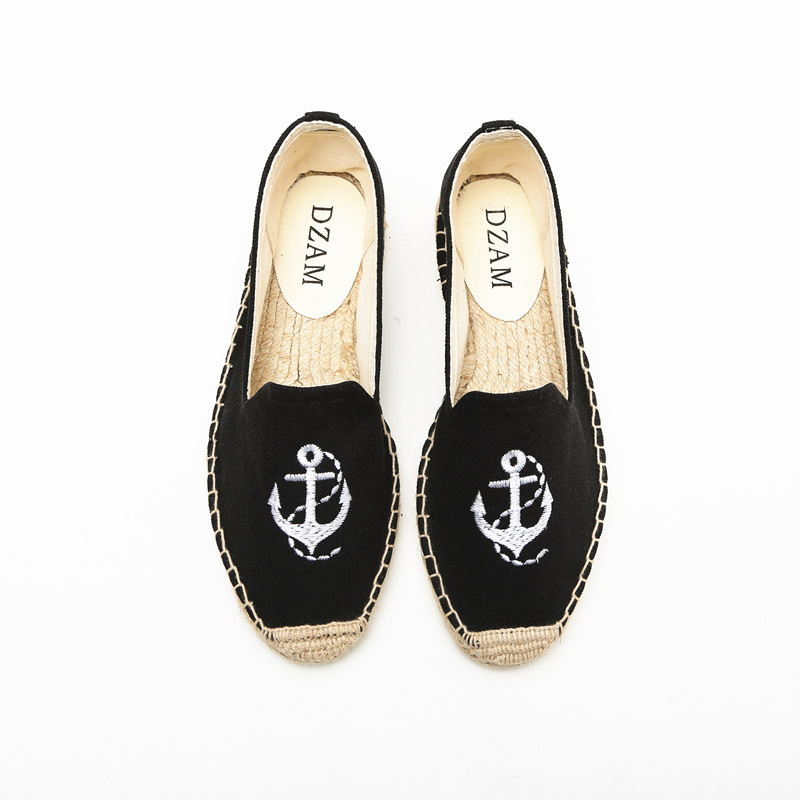 渔夫鞋情侣款船锚刺绣单鞋2019春夏时尚新款绣花帆布女平底草编鞋