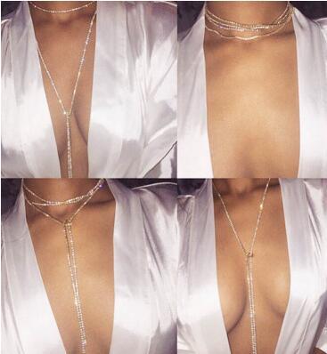 European and American Famous Metal Tassel Rhinestone Necklace Exaggerated Diamond Claw Chain Long Necklace Sexy Body Chains Chest Necklace