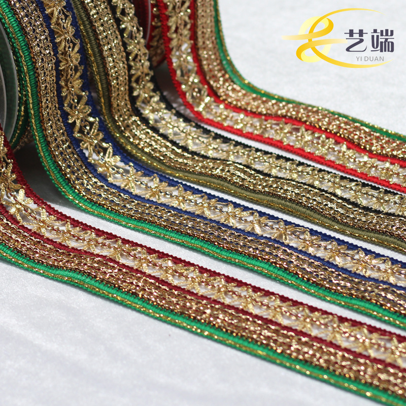 (厂家直销)民族风内外销鞋帽涤纶金线彩色米字花边织带辅料