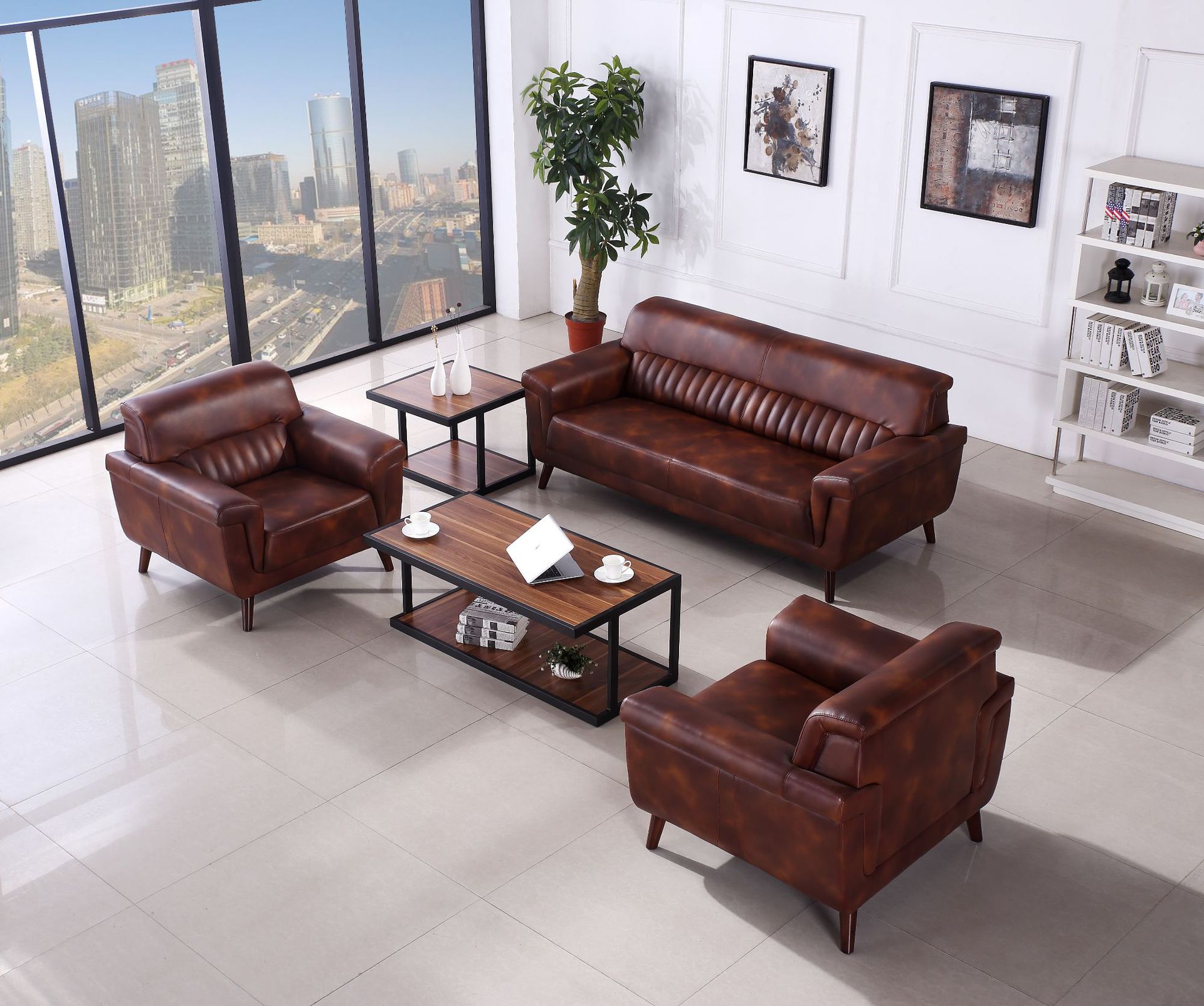 广东真皮组合沙发办公室沙发老板办公室沙发会客洽谈沙发茶几组合