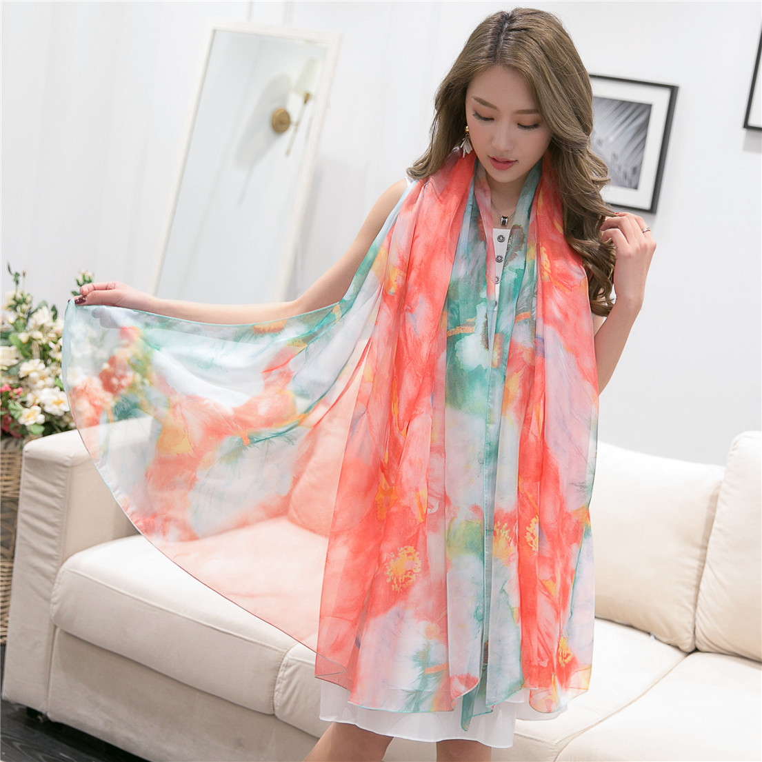 2019年新款仿真丝大尺寸2米印花丝巾防晒披肩沙滩巾纱巾夏季爆款