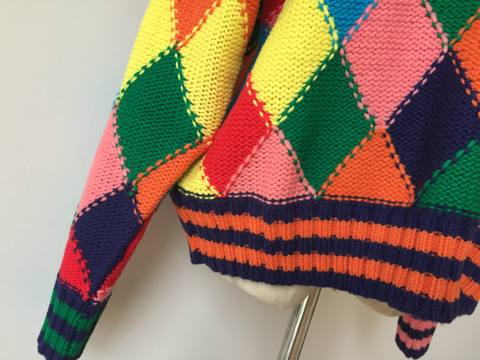 欧美风秋冬新款重工手工编织菱形格彩虹拼色宽松百搭圆领套头毛衣