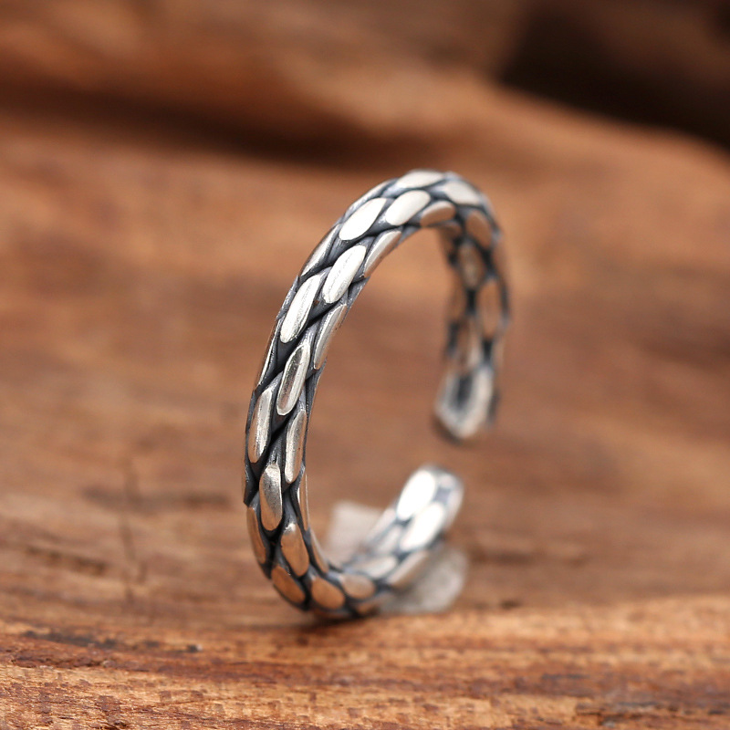 批发s925纯银饰品戒指复古泰银手工编织麻绳女款开口指环小戒指