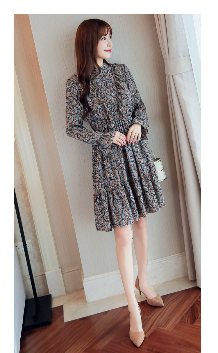 2017春季碎花连衣裙韩版修身中长款高腰雪纺连衣裙长袖套头碎花裙