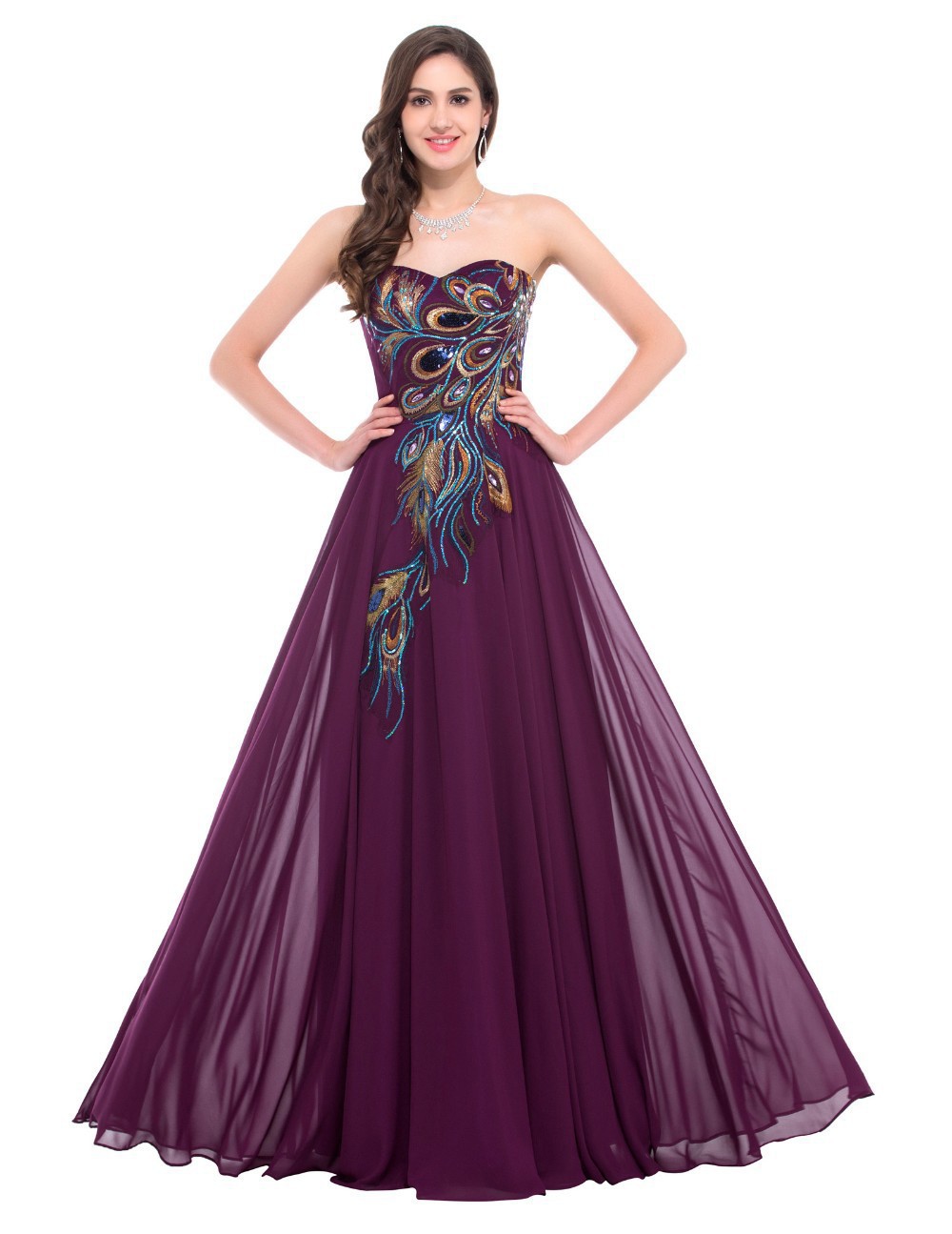 2019新款刺绣孔雀晚礼服拖地长海军蓝色紫色黑色晚礼服礼服雪纺