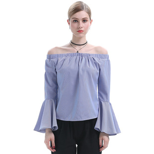 速卖通女装2019春夏新款性感一字领大荷叶袖修身长袖t恤女jr1737