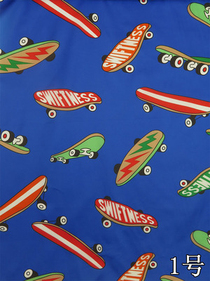 【童装印花供应】卡通滑板图案转移印花面料 300t涤丝纺加密布料