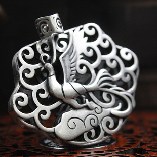 三口千银手工精雕凤凰足银吊坠泰银浮雕双面镂空凤祥毛衣链车包挂