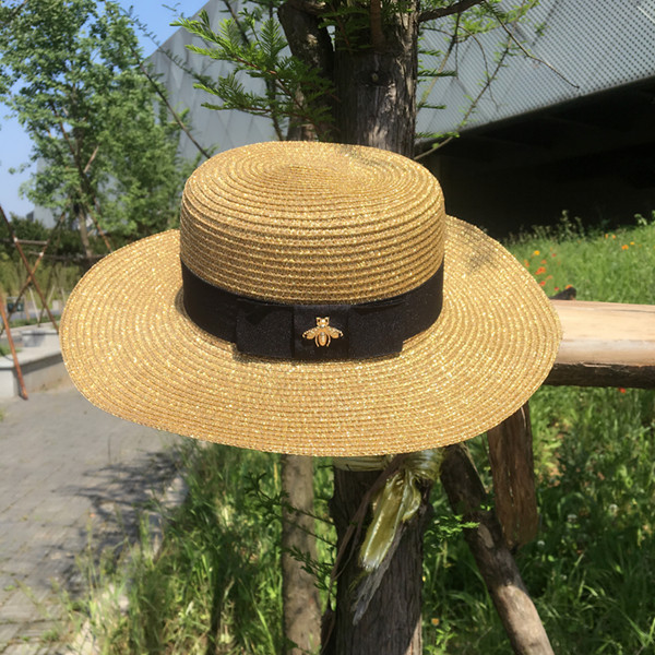 复古金色编织草帽小蜜蜂女士时尚宽檐防晒出游遮阳平顶帽沙滩帽