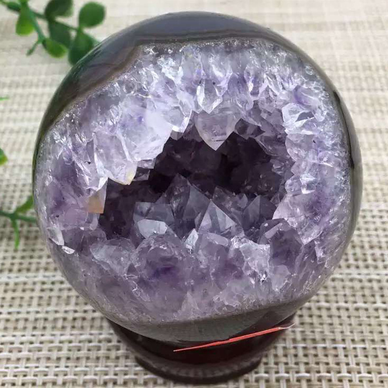 天然水晶紫水晶球紫晶洞开口笑球漂亮玛瑙纹 笑口常开风水摆件