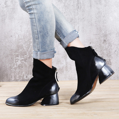 短靴女怀履新秋冬真皮粗跟马丁靴手工擦色大码女鞋41-43磨砂