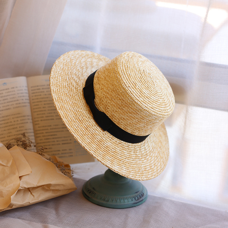 日本细麦秆平顶草帽女网红明星宽沿太阳帽沙滩度假遮阳礼帽潮百搭