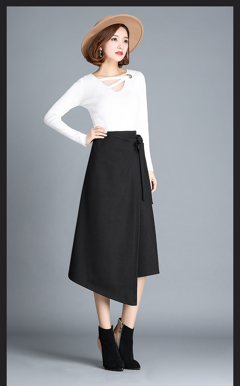 秋冬新款不规则a型裙系带半身裙加厚毛呢过膝长裙女学生韩版裙子