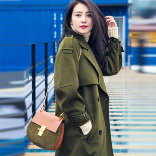 高圆圆明星同款2018秋冬新款女装双面毛呢大衣外套欧美风长款9477