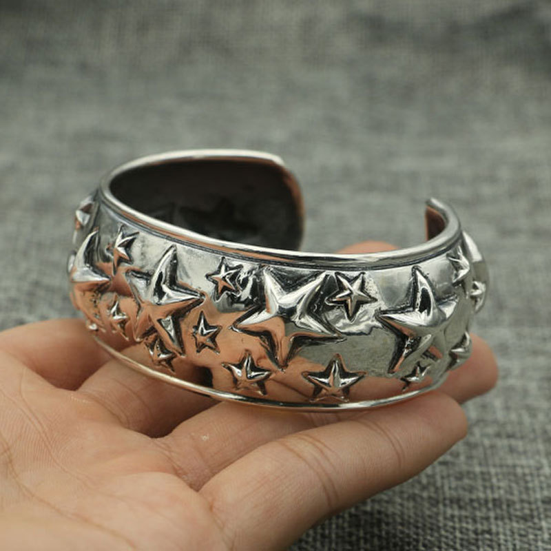 朋克摇滚风个性夸张纯银星星手环霸气开口宽粗犷男饰品五角星手镯