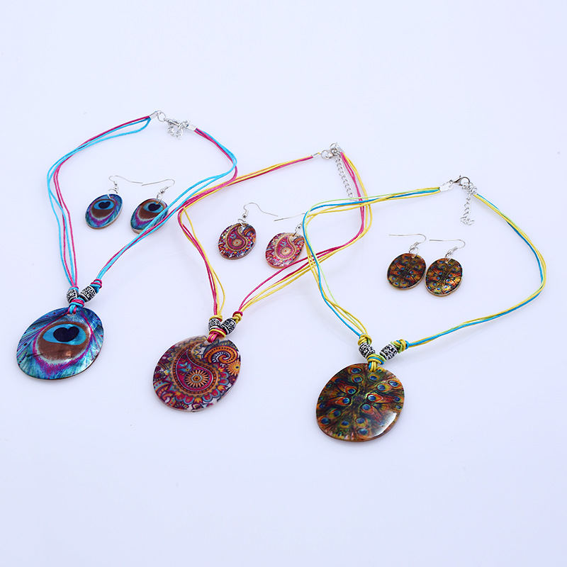 波西米亚民族风饰品 几何形贝壳彩绘孔雀羽吊坠项链耳环套装