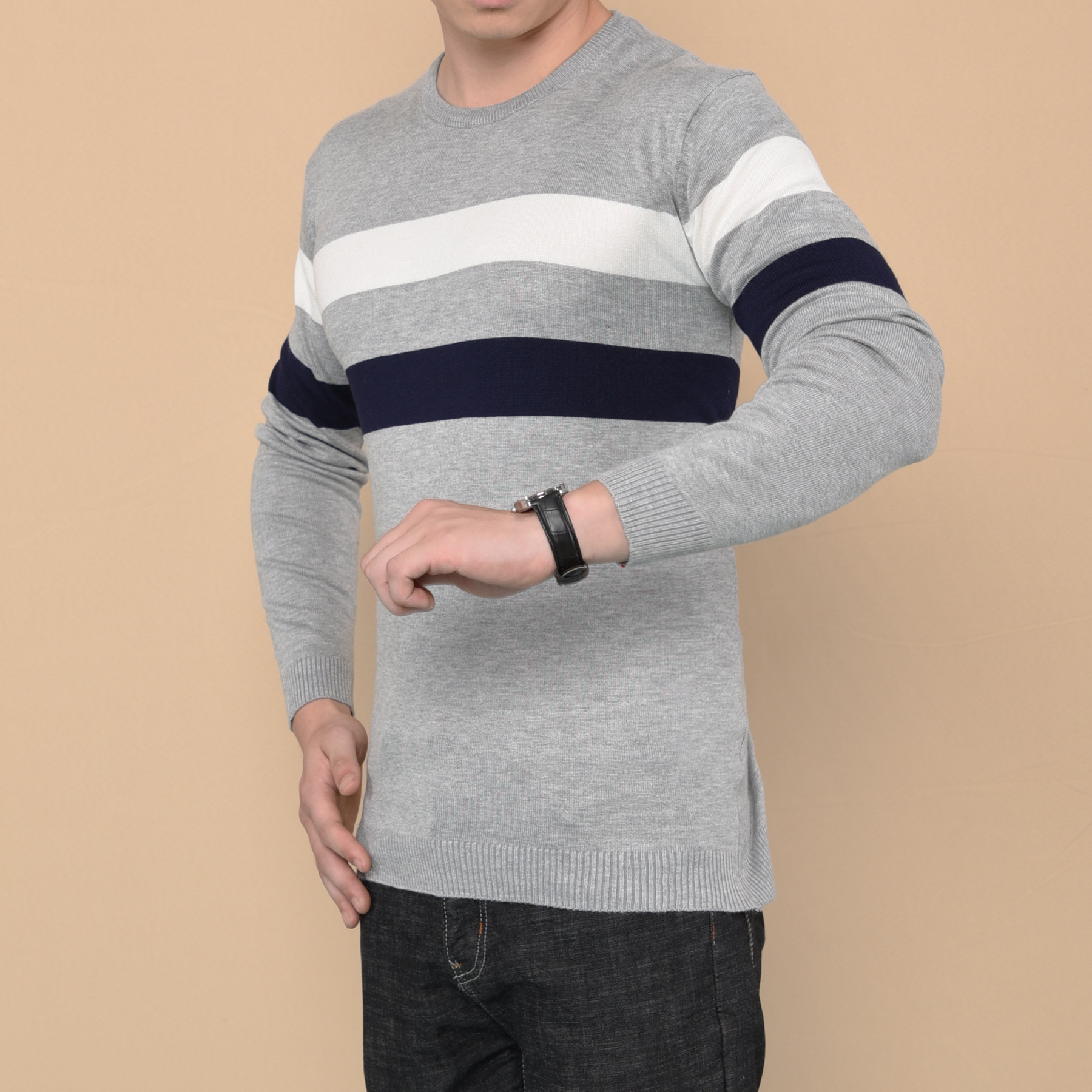 2017拼接纹路针织男装圆领衫 男式休闲长袖毛衣