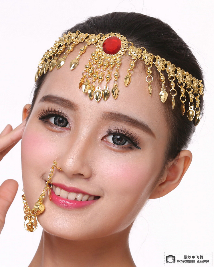 印度舞蹈表演出饰品印度舞配饰宝石头饰鼻夹鼻环民族宝石发夹鼻链