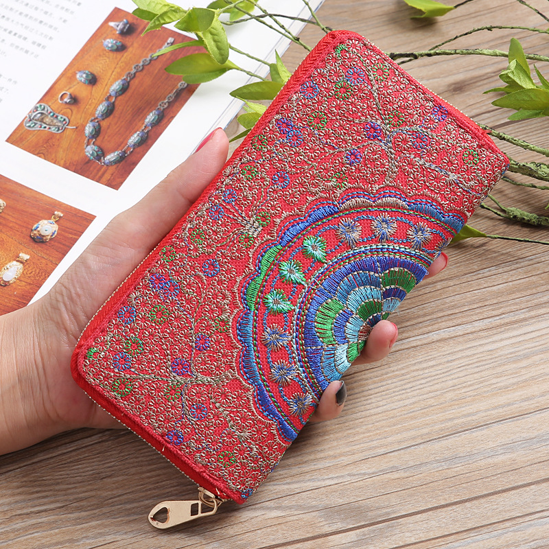 2023 New Yunnan National Style Long Zipper Handbag Fabric Double Sided Embroidery Women's Wallet Wholesale Supply
