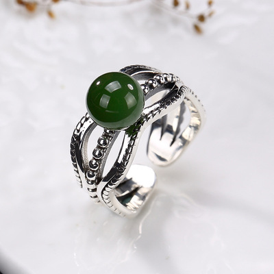 壹鹿银s925纯银复古和田碧玉镶嵌圆珠女士款开口百搭戒指指环批发