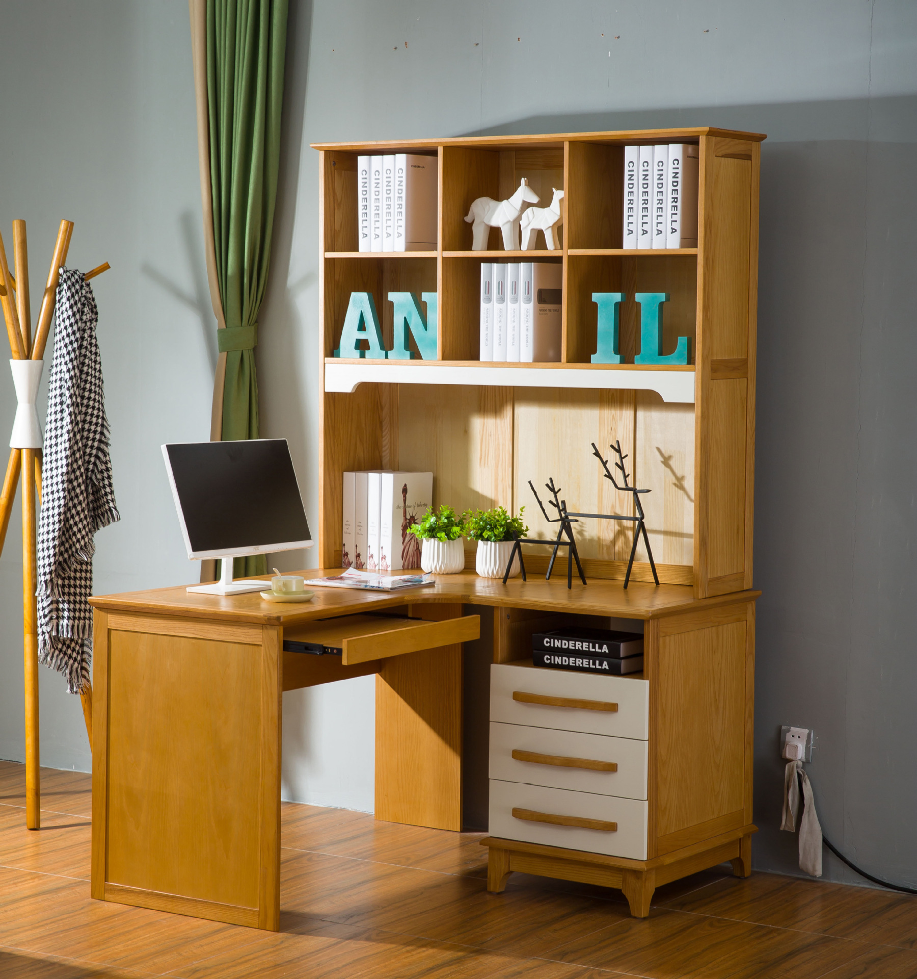 新款包邮家用儿童实木转角书桌 学生电脑桌 写字桌带书柜组合