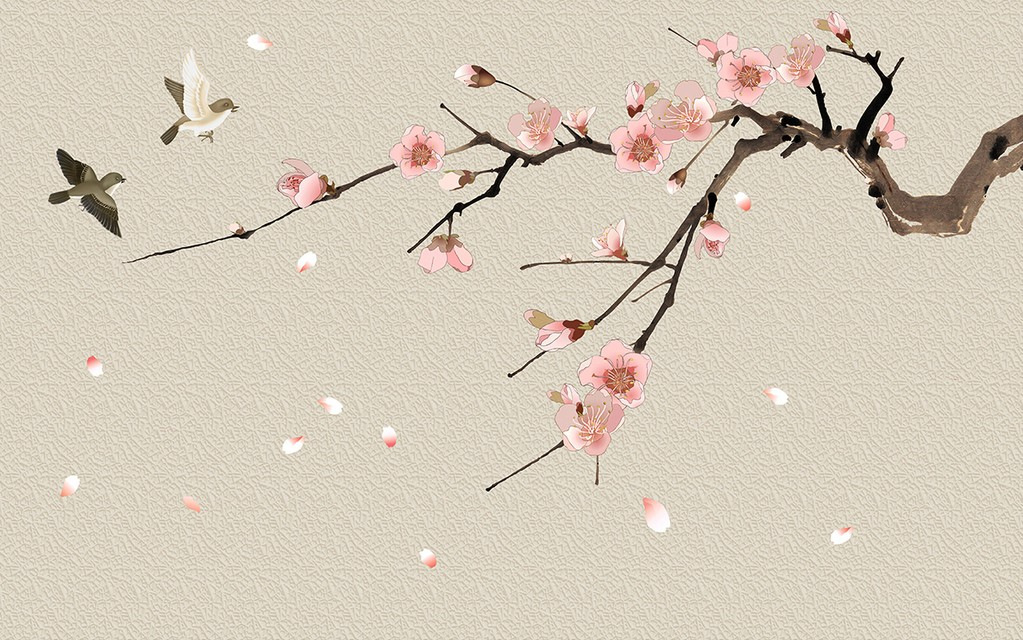 新中式墙纸壁画花鸟壁纸棉麻无缝墙布定制电视机背景墙古典桃花