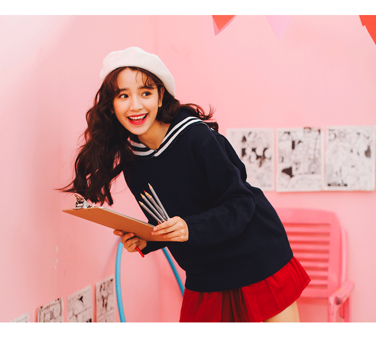 实拍2017春季韩版甜美英伦海军风大翻领宽松休闲套头毛衣外套