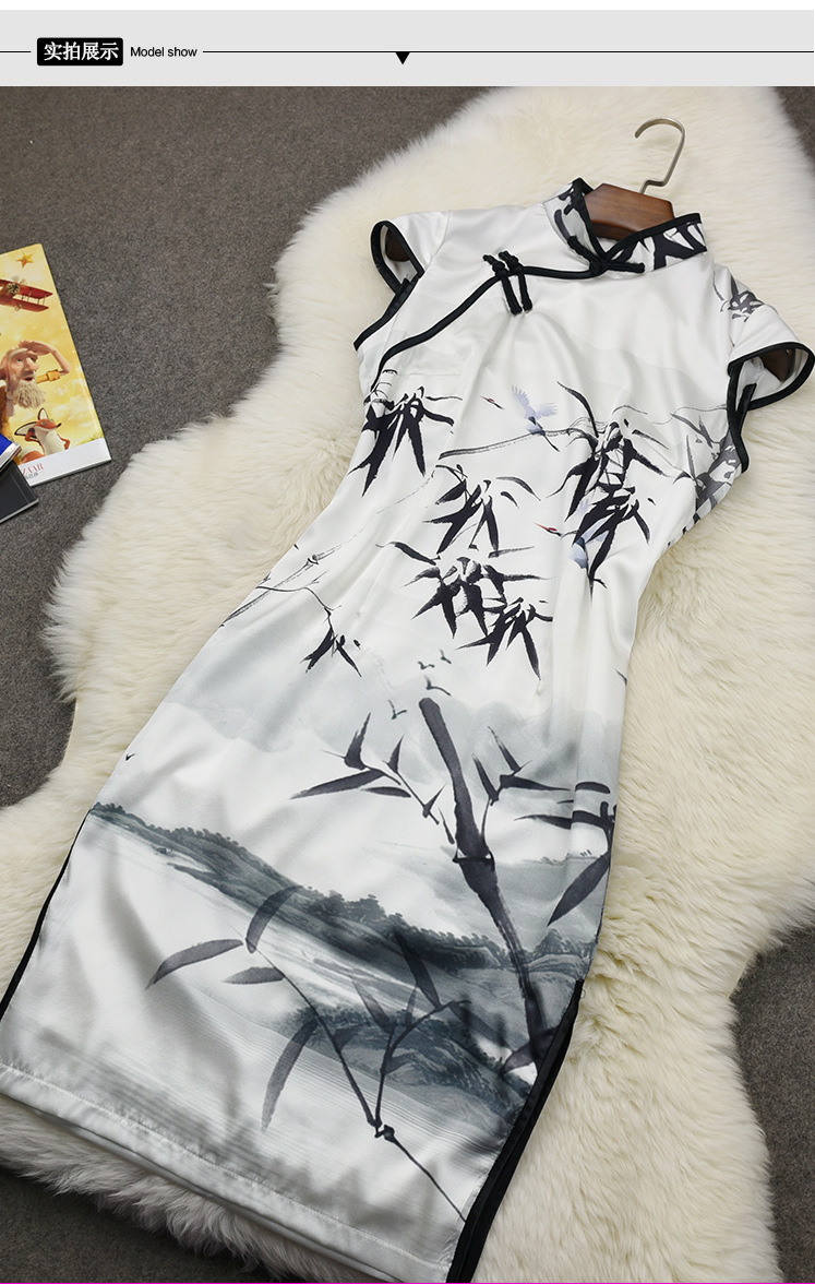 瑰蝴蝶2017旗袍水墨竹子印花开衩中长真丝旗袍51608(图片色 s)